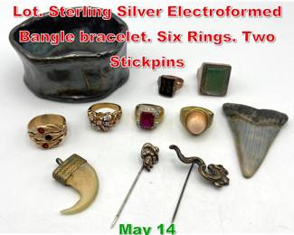 Lot 316 Mixed Jewelry and Other Lot. Sterling Silver Electroformed Bangle bracelet. Six Rings. Two Stickpins