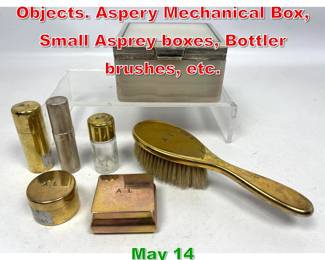 Lot 373 7pcs Sterling Dresser Objects. Aspery Mechanical Box, Small Asprey boxes, Bottler brushes, etc. 