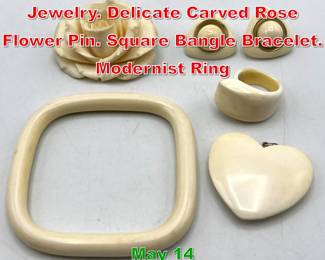 Lot 317 5pc Carved Material Jewelry. Delicate Carved Rose Flower Pin. Square Bangle Bracelet. Modernist Ring