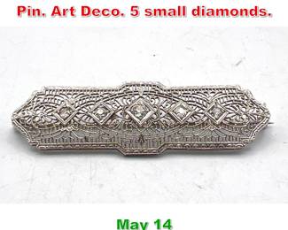 Lot 150 10K Gold and Filigree Bar Pin. Art Deco. 5 small diamonds.