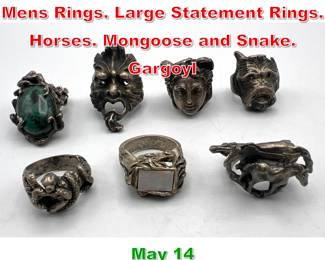 Lot 62 7 Silver and Sterling Figural Mens Rings. Large Statement Rings. Horses. Mongoose and Snake. Gargoyl