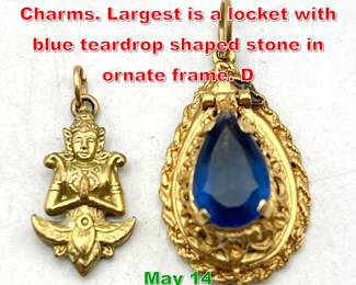 Lot 117 2pc 14K Gold Pendants Charms. Largest is a locket with blue teardrop shaped stone in ornate frame. D