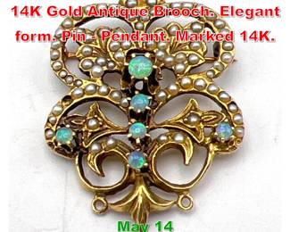 Lot 149 Exquisite Seed Pearl Opal 14K Gold Antique Brooch. Elegant form. Pin Pendant. Marked 14K. 