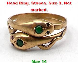Lot 158 14K Gold Double Snake Head Ring. Stones. Size 9. Not marked. 