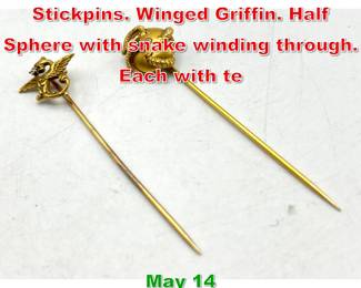 Lot 145 2pc 14K Gold figural Stickpins. Winged Griffin. Half Sphere with snake winding through. Each with te