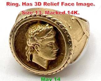 Lot 203 14K YG Gold Heavy Men s Ring. Has 3D Relief Face Image. Size 13. Marked 14K.