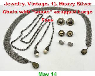 Lot 58 Lot Mostly Sterling Silver Jewelry. Vintage. 1. Heavy Silver Chain with snake wrapped Large Faux 