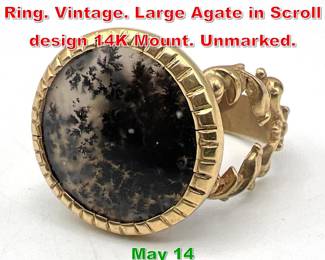 Lot 181 14K Gold Dendrite Agate Ring. Vintage. Large Agate in Scroll design 14K Mount. Unmarked.