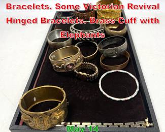Lot 69 14pc Assorted Vintage Bracelets. Some Victorian Revival Hinged Bracelets. Brass Cuff with Elephants 