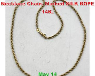 Lot 120 14K Gold Spiral Cable Necklace Chain. Marked SILK ROPE 14K. 