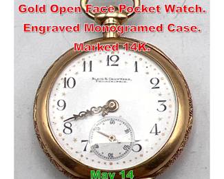 Lot 265 BLAIR and CRAWFORD 14K Gold Open Face Pocket Watch. Engraved Monogramed Case. Marked 14K. 