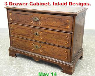 Lot 492 Small Antique Country Folk 3 Drawer Cabinet. Inlaid Designs. 