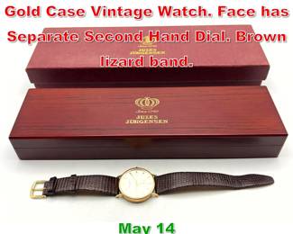 Lot 259 JULES JURGENSEN 14K Gold Case Vintage Watch. Face has Separate Second Hand Dial. Brown lizard band. 