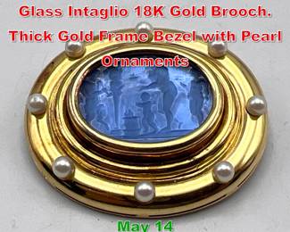 Lot 99 ELIZABETH LOCKE Venetian Glass Intaglio 18K Gold Brooch. Thick Gold Frame Bezel with Pearl Ornaments