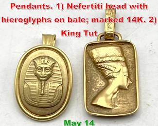 Lot 142 2pc 14K Gold Egyptian Pendants. 1 Nefertiti head with hieroglyphs on bale marked 14K. 2 King Tut 