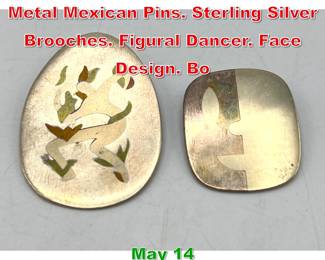 Lot 2 2pc LOS CASTILLO Mixed Metal Mexican Pins. Sterling Silver Brooches. Figural Dancer. Face Design. Bo