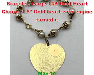 Lot 106 14K Gold White Pearl Link Bracelet. Large 14K Gold Heart Charm. 1.5 Gold heart with engine turned e