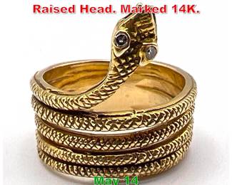 Lot 177 14K Gold Snake Ring. Raised Head. Marked 14K. 