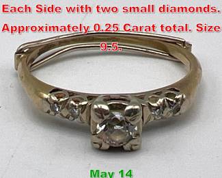 Lot 220 14K Gold Diamond Ring. Each Side with two small diamonds. Approximately 0.25 Carat total. Size 9.5. 