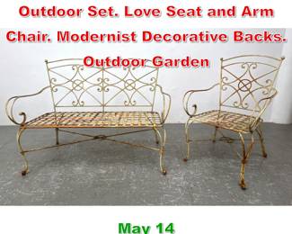 Lot 505 2pc Decorative Iron Outdoor Set. Love Seat and Arm Chair. Modernist Decorative Backs. Outdoor Garden