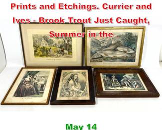 Lot 458 5pcs Vintage Antique Prints and Etchings. Currier and Ives Brook Trout Just Caught, Summer in the 