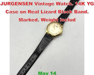 Lot 255 14K Gold JULES JURGENSEN Vintage Watch. 14K YG Case on Real Lizard Black Band. Marked. Weight includ