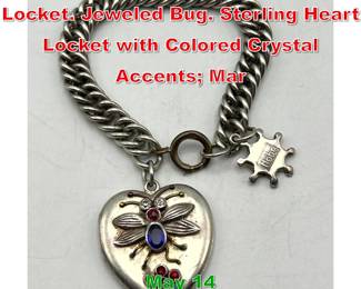 Lot 43 Sterling Silver Antique Locket. Jeweled Bug. Sterling Heart Locket with Colored Crystal Accents Mar