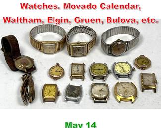 Lot 296 15 pieces Vintage wrist Watches. Movado Calendar, Waltham, Elgin, Gruen, Bulova, etc.