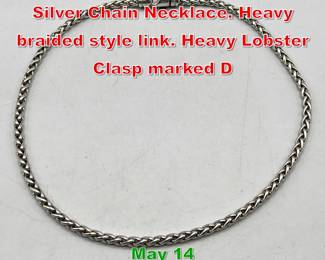 Lot 35 DAVID YURMAN Sterling Silver Chain Necklace. Heavy braided style link. Heavy Lobster Clasp marked D 