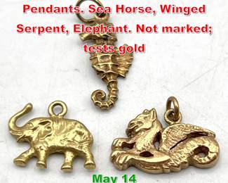 Lot 111 3pc 14K gold Charms Pendants. Sea Horse, Winged Serpent, Elephant. Not marked tests gold