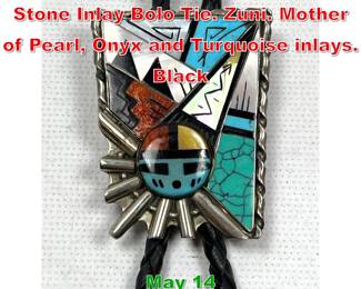 Lot 15 PHILANDER GIA Sterling Stone Inlay Bolo Tie. Zuni. Mother of Pearl, Onyx and Turquoise inlays. Black