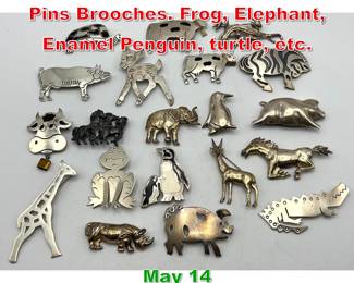 Lot 67 20 pc Sterling Silver Animal Pins Brooches. Frog, Elephant, Enamel Penguin, turtle, etc. 