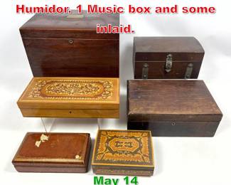 Lot 540 6pcs Vintage Boxes and Humidor. 1 Music box and some inlaid. 