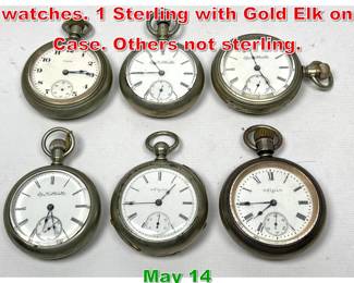 Lot 300 Lot 6 Large Elgin Pocket watches. 1 Sterling with Gold Elk on Case. Others not sterling. 