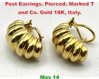Lot 95 Pr 18K Gold TIFFANY Shrimp Post Earrings. Pierced. Marked T and Co. Gold 18K, Italy. 