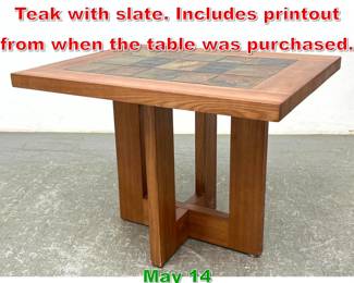 Lot 493 Petaluma Occasional table. Teak with slate. Includes printout from when the table was purchased.