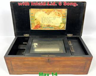 Lot 427 Vintage Cylinder Music Box with Inlaid Lid. 6 Song. 