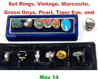 Lot 61 12pc Sterling Silver Stone Set Rings. Vintage. Marcasite. Green Onyx. Pearl. Tiger Eye. and other st