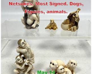Lot 444 5pcs Asian Carved Netsukes. Most Signed. Dogs, Figures, animals.