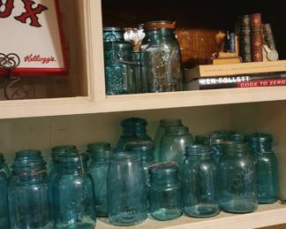 Vintage Bottles. Blue Mason Jars