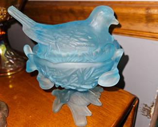 Westmoreland Blue Frosted Glass Bird on a Twig Candy Dish!
