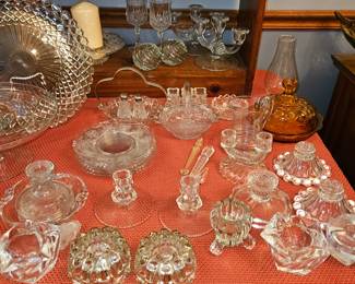 Vtg LE Smith Amber Moon & Stars Glass Covered Butter Dish, Set Of 5 Fostoria Depression Glass Salad Plates, Vtg Anchor Hocking Boopie Bubble Glass Candle Stick Holders Pr, Vtg Waffle Pattern Clear Platter, Vtg Clear Glass Pedestal Cake Stand,Vtg Westmoreland Hobnail Pedestal Salt Cellars (2)!
