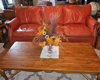 Retro Elite Leather Co. Passion #7601 Tangerine 3 seat Couch &  Large Oak Coffee Table!

