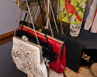 Vtg Beaded Cream Satin Evening Bag, Vtg Whiting & Davis Blk/Gold Mesh Evening Bag, Vtg Beaded Coin Purse, La Regale Satin Beaded Purse, Vtg Gold Clamshell Beaded Evening Bag, Vtg Silver Evening Bag, Vtg Red Leather /Gold  Etra Evening Bag, Shiraleah Chicago Blk Velvet Charm Design Evening Bag!