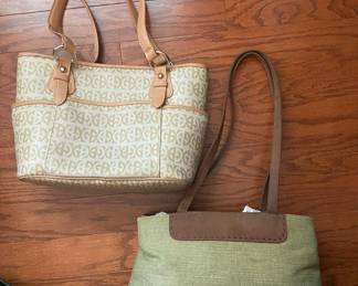 Gianni Bernini Tan Logo Purse & Liz Claiborne Green Linen/Brown Suede Purse!
