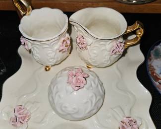 Pink Porcelain Roses Creamer Sugar & Tray!
