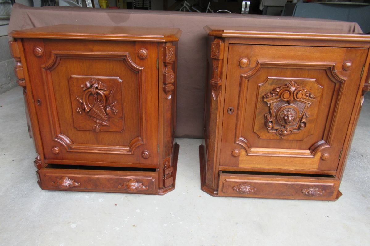 Rare late 1800's Victorian side tables. Hand carved lion's head on one front and trumpet & flute on the other. Walnut accents. Bottom drawers are dovetail.