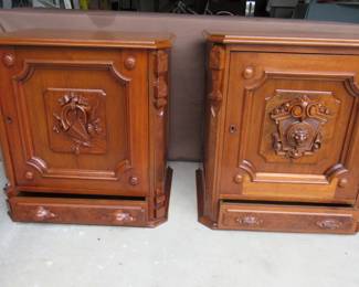Rare late 1800's Victorian side tables. Hand carved lion's head on one front and trumpet & flute on the other. Walnut accents. Bottom drawers are dovetail.