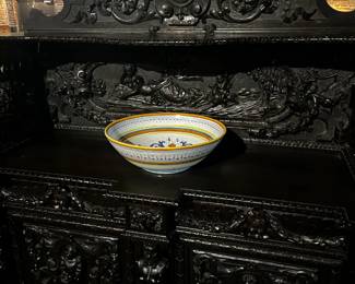 19th Century Italian Renaissance Revival Ebonized Sideboard with Monogrammed Cartouche Shield Crest - Approximately 76.25" High x 68.25" Wide x 22.75" Deep. 
