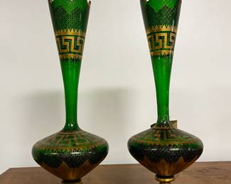 Antique Pair of Bohemian Green Glass Vases